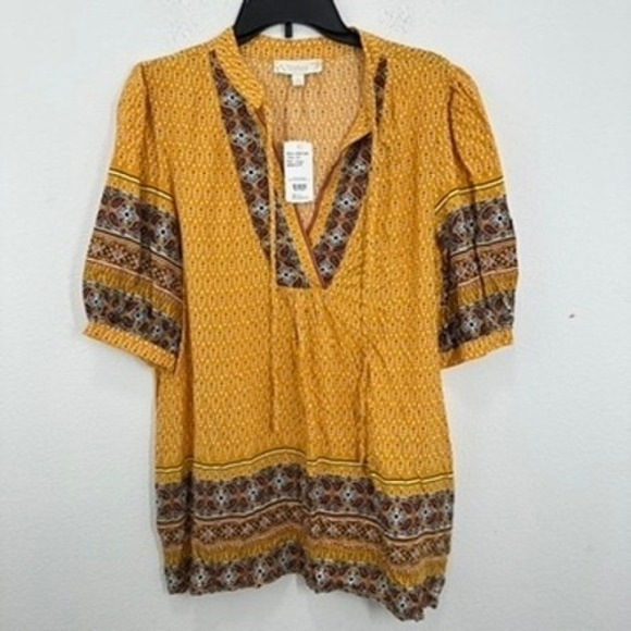 Weekend Suzanne Betro Boho Tunic Top Size L Elbow Flounce‎ Notch Neck Casual NWT - Picture 2 of 10